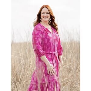 The Pioneer Midi Dress Women’s Size L Fuchsia Pink 100% Polyester 3/4 Sleeve